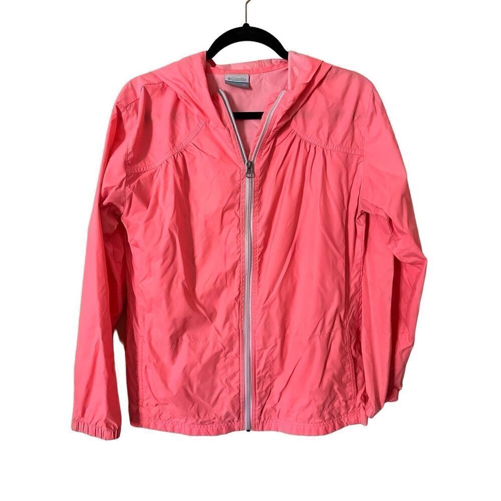 Columbia Sportswear Company Neon Coral Lightweight Hooded Windbreaker Rain Jacke